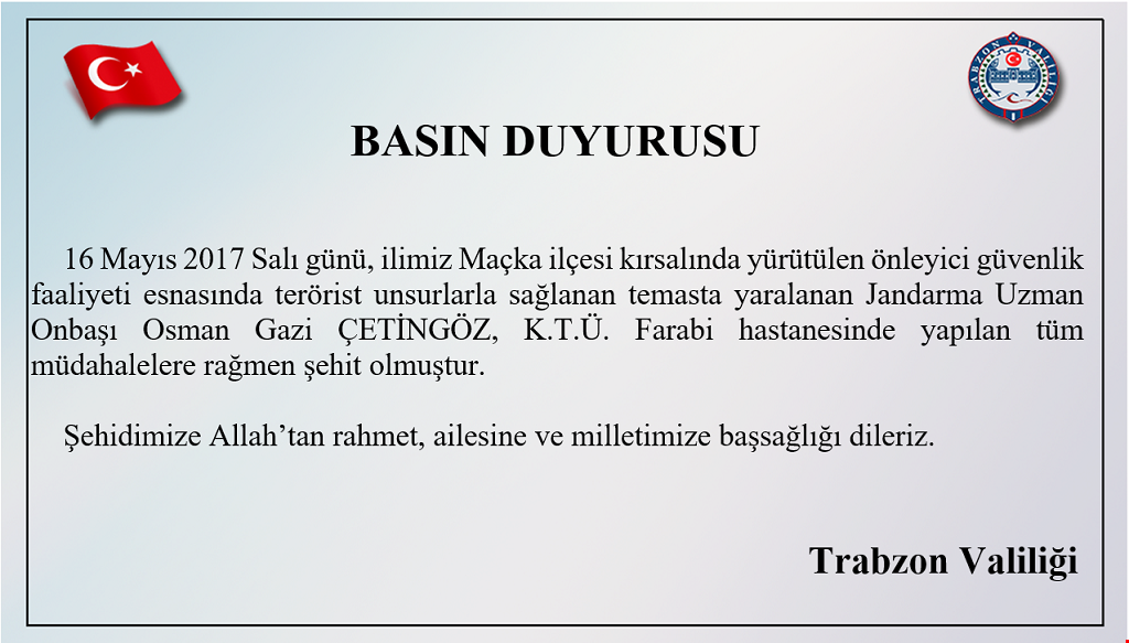 Maçka’da PKK'lılarla silahlı çatışma: 1 asker şehit