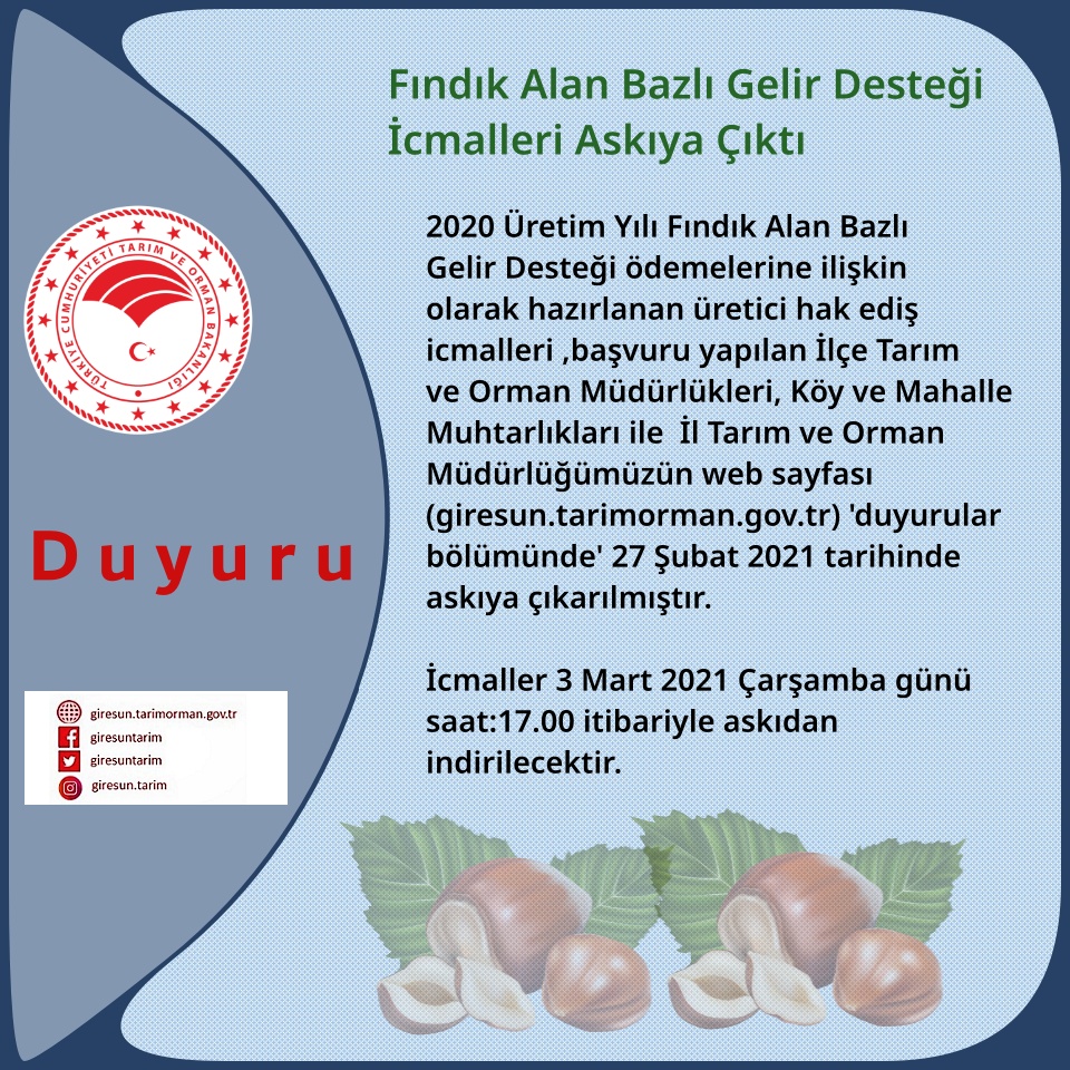 2020 Üretim Yılı Fındık Alan Bazlı Gelir Desteği İcmalleri Askıya Çıktı