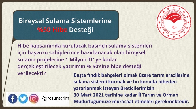 Bireysel Sulama Sistemlerine %50 Hibe Desteği Verilecek