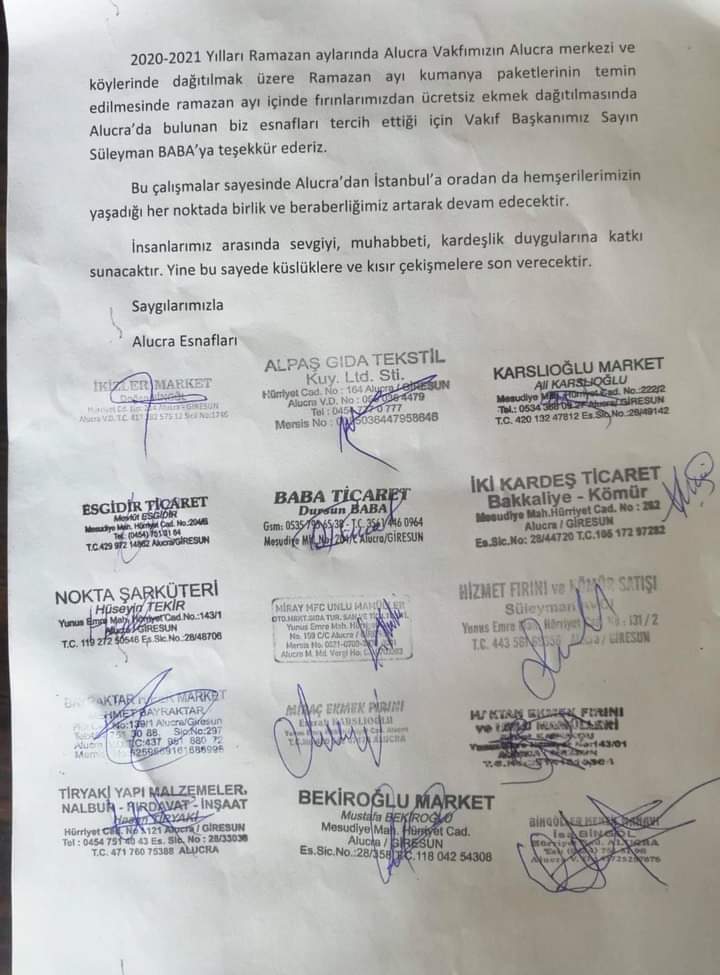 Alucra Esnafı Süleyman Baba'ya Teşekkür Etti.