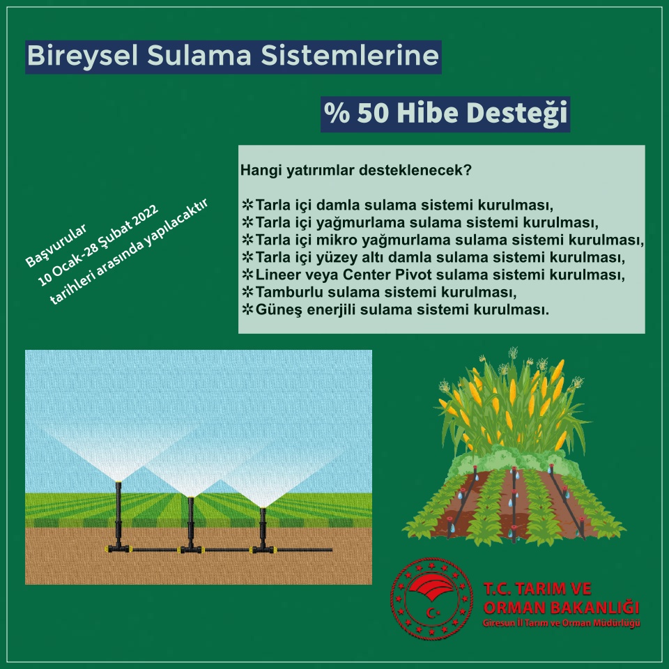 BİREYSEL SULAMA SİSTEMLERİ %50 HİBE DESTEĞİ BAŞVURULARI BAŞLADI!