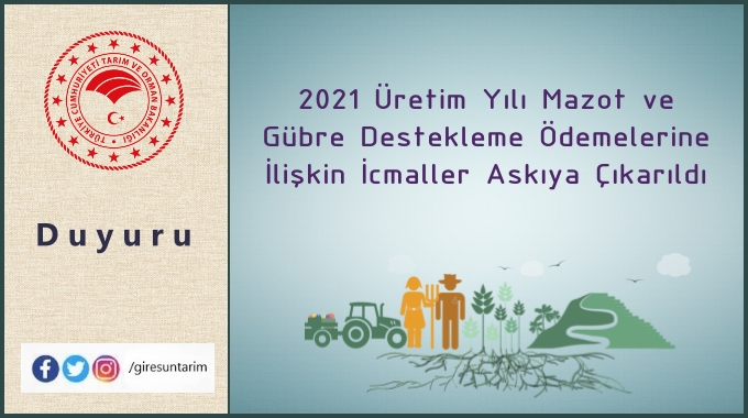 2021 Üretim Yılı Mazot ve Gübre  Desteği İcmalleri Askıya Çıktı