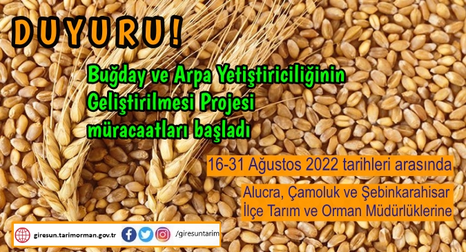 BUĞDAY VE ARPA YETİŞTİRİCİLİĞİNİ GELİŞTİRME PROJESİ İÇİN HİBE DESTEĞİ