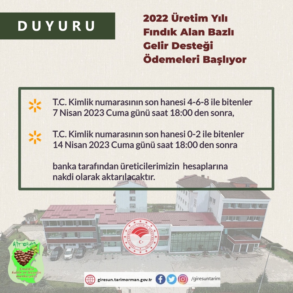 2022 Yılı Fındık Alan Bazlı Gelir Desteği Ödemeleri Başlıyor