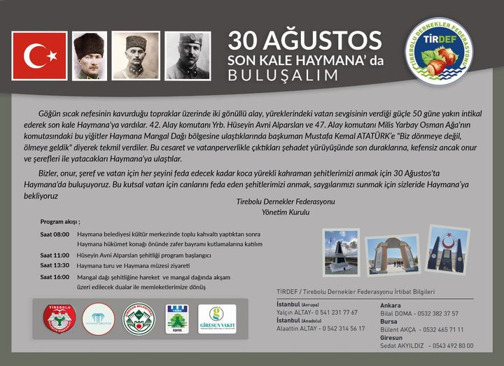 TİRDEF 30 Ağustos’ta Haymana Şehitlerine Gidiyor