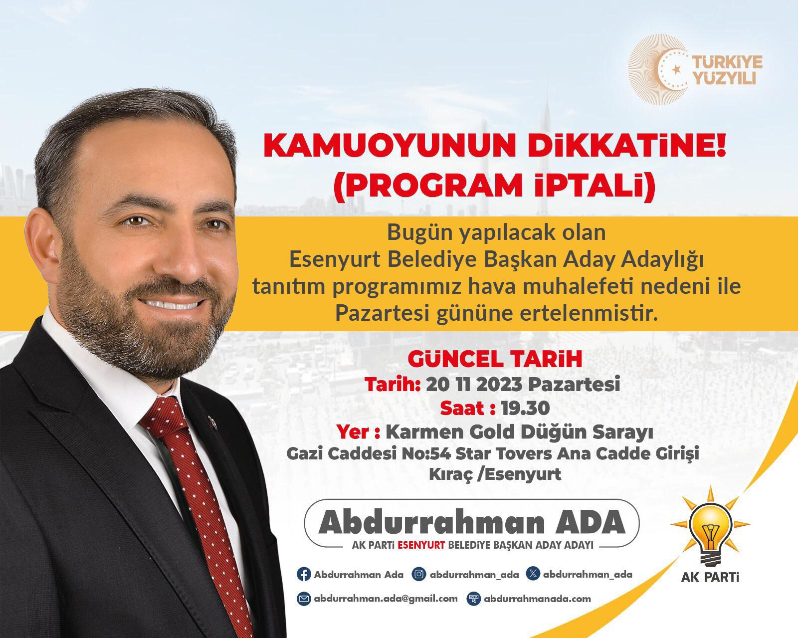 Abdurrahman Ada Esenyurtt’ta Başkanlığa Aday