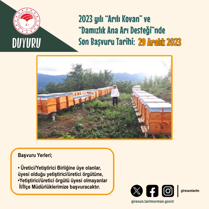 “Arılı Kovan” ve “Damızlık Ana Arı Desteği”nde Son Başvuru Tarihi: 29 Aralık 2023