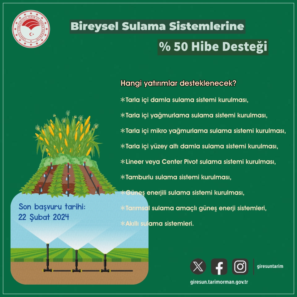 BİREYSEL SULAMA SİSTEMLERİ %50 HİBE DESTEĞİ MÜRACAATLARI BAŞLADI