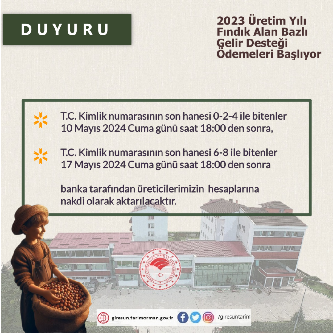 2023 Üretim Yılı Fındık Alan Bazlı Gelir Desteği Ödemeleri Başlıyor
